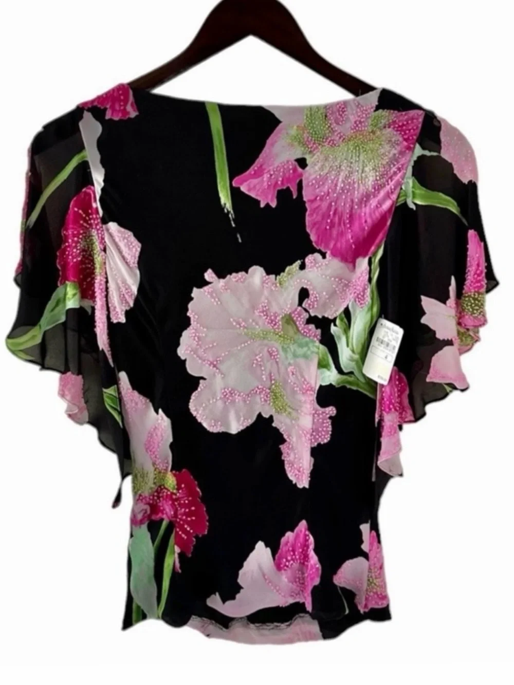 Carmen Marc Valvo Black Floral Print Draped Neck Short Sleeve Silk Top Size 4 - Picture 5 of 8